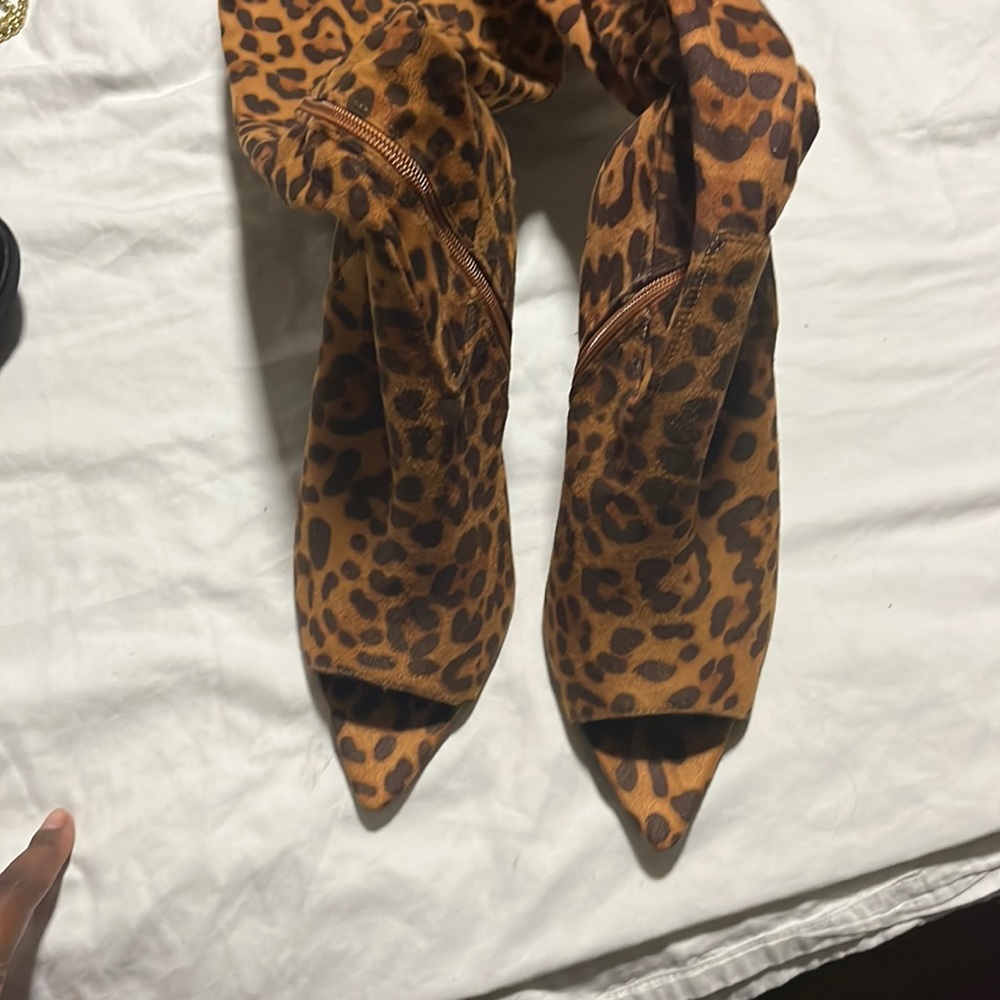 Brand New Anne Michelle Thigh High Cheetah Print Peep Toe Stilettos